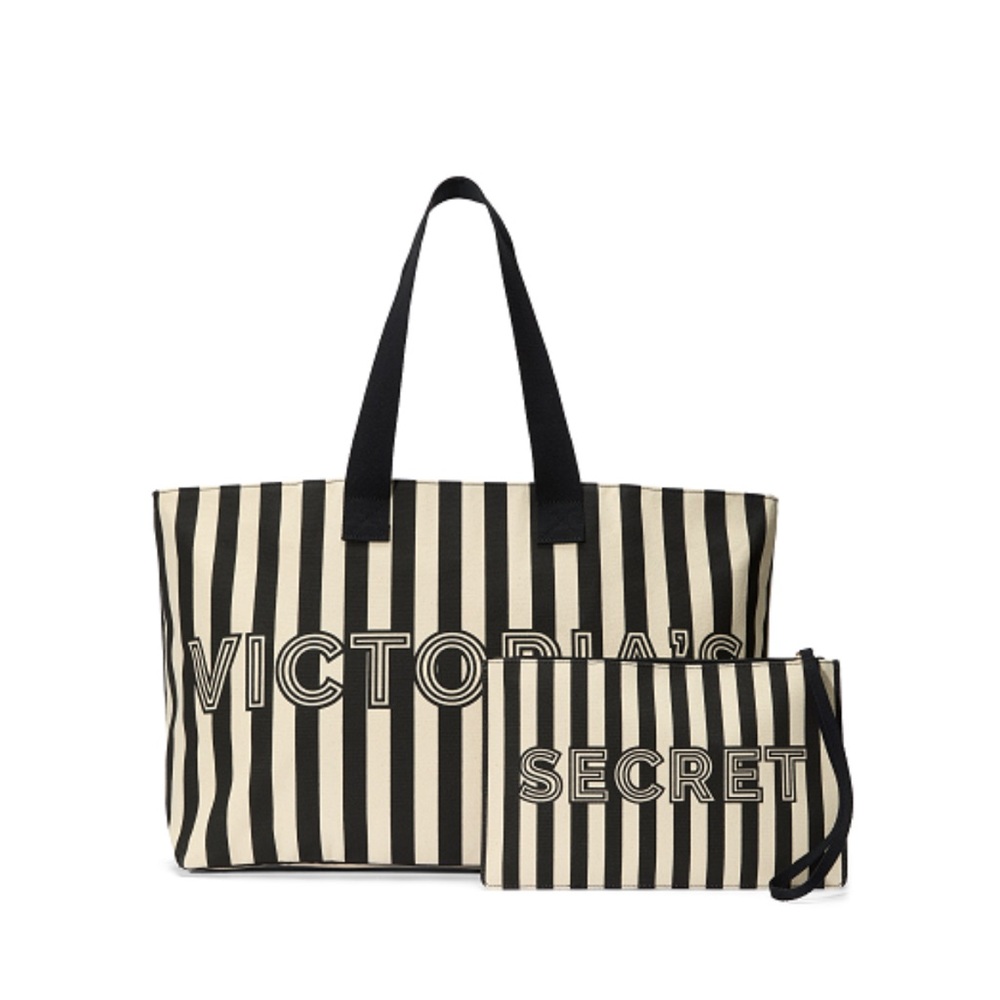 NEW Victoria's Secret Black and White Striped Tote Bag and wristlet